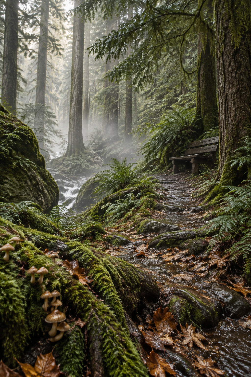 Misty forest trail with mushrooms and a wooden bench