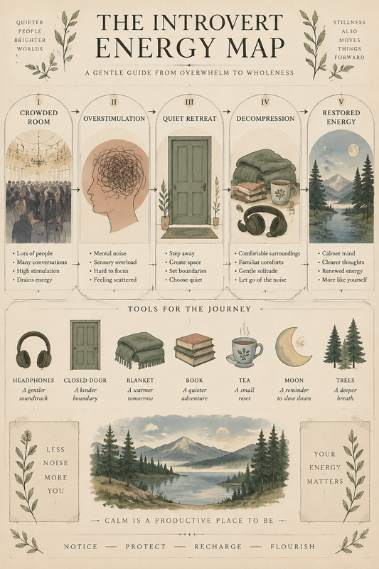 Vintage-style introvert energy map from crowded room to restored energy
