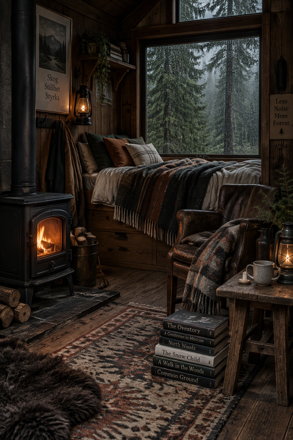 Tiny cabin in the pine forest with a wood stove and rainy window