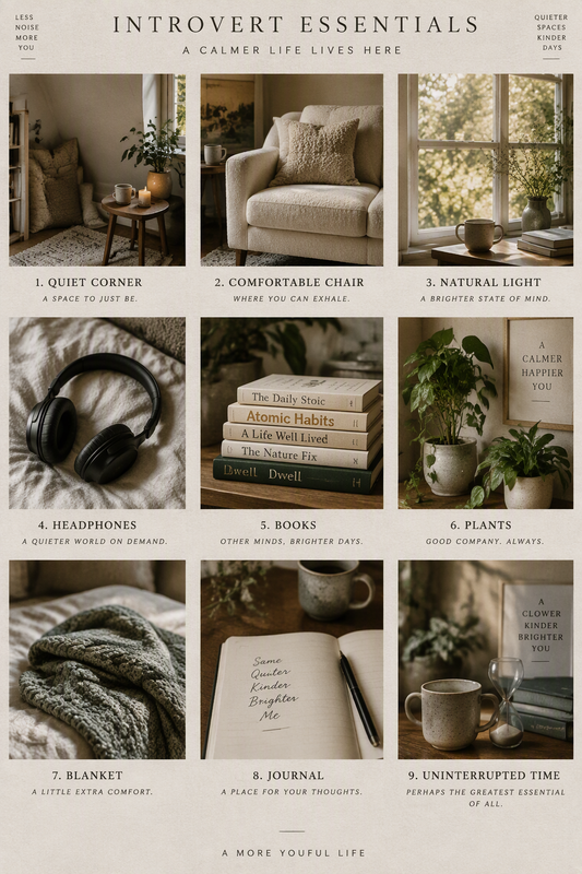 Introvert essentials board with a quiet corner, books, plants and a blanket