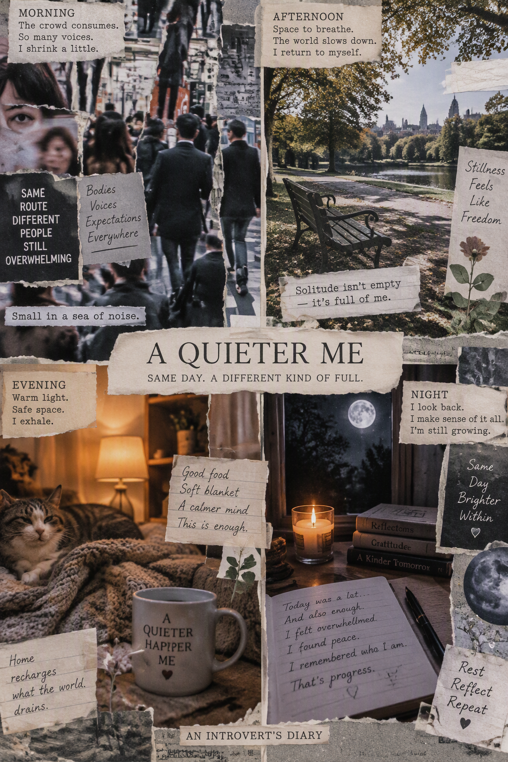 An introvert's day in moods, a visual diary collage