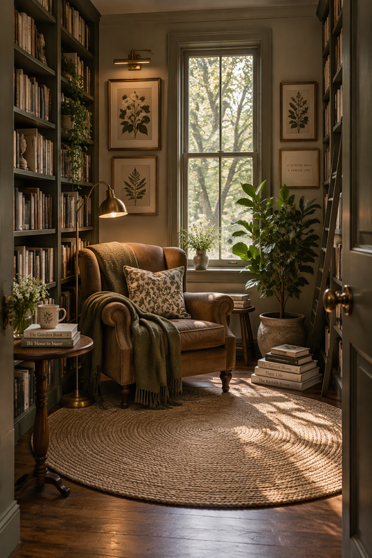 Peaceful reading room with bookshelves, a vintage armchair and warm lamp