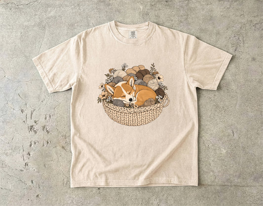 Cozy Corgi In A Yarn Basket -Comfort Colors T-shirt