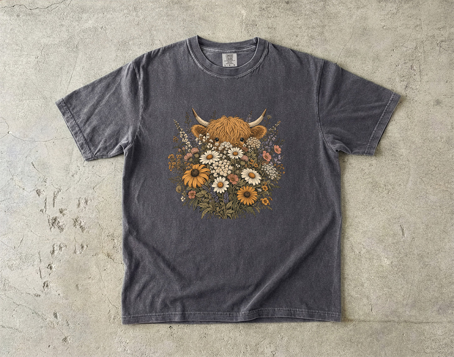 Highland Cow Hiding Behind Flowers -Comfort Colors T-shirt