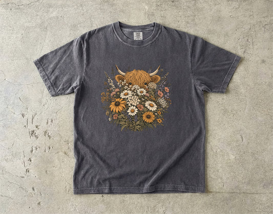 Highland Cow Hiding Behind Flowers -Comfort Colors T-shirt