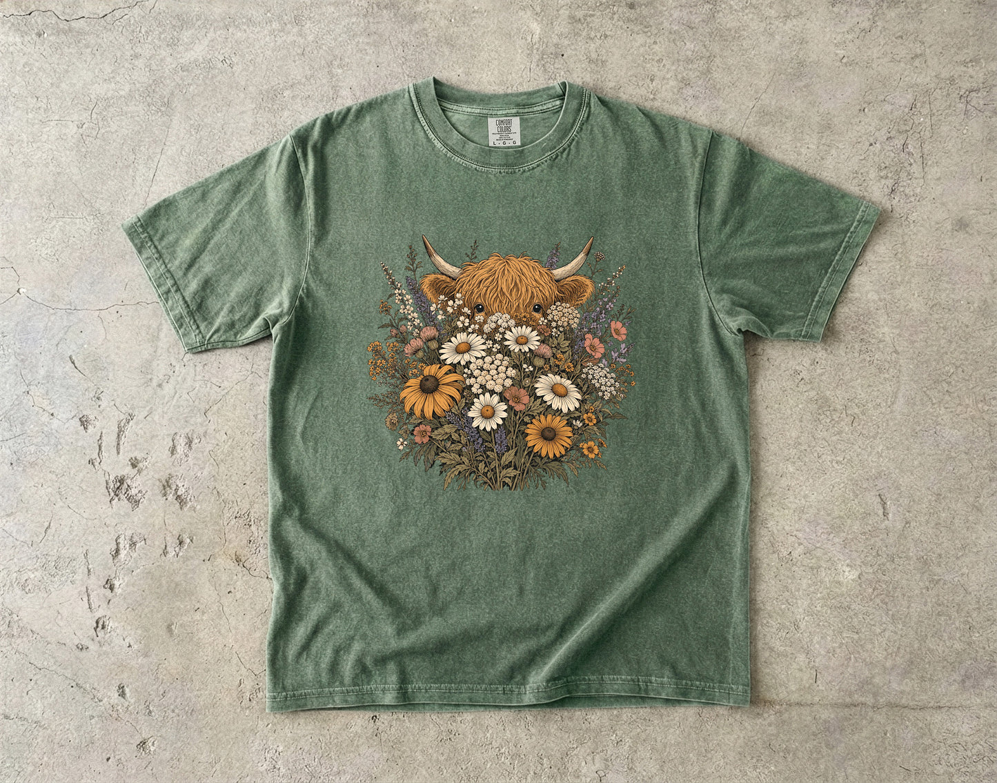 Highland Cow Hiding Behind Flowers -Comfort Colors T-shirt