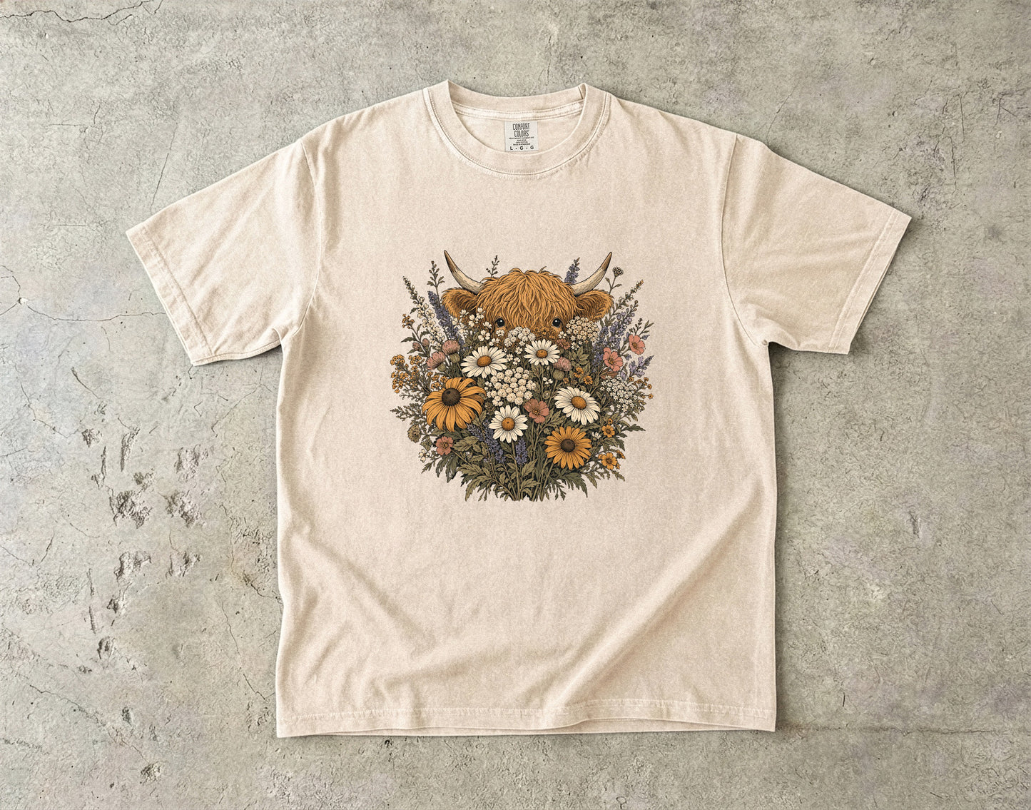 Highland Cow Hiding Behind Flowers -Comfort Colors T-shirt