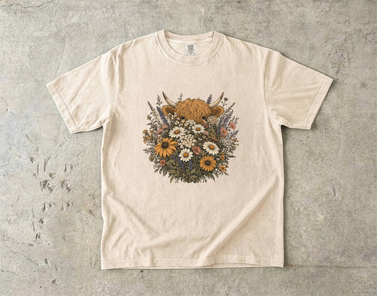 Highland Cow Hiding Behind Flowers -Comfort Colors T-shirt