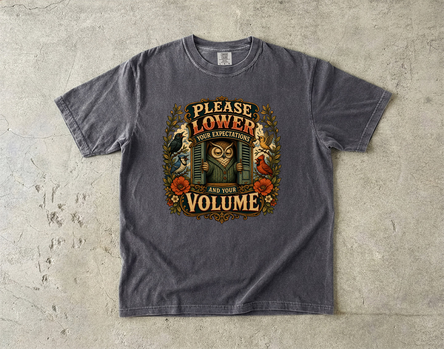 Please Lower Your Expectatons And Your Volume Owl -Comfort Colors T-shirt