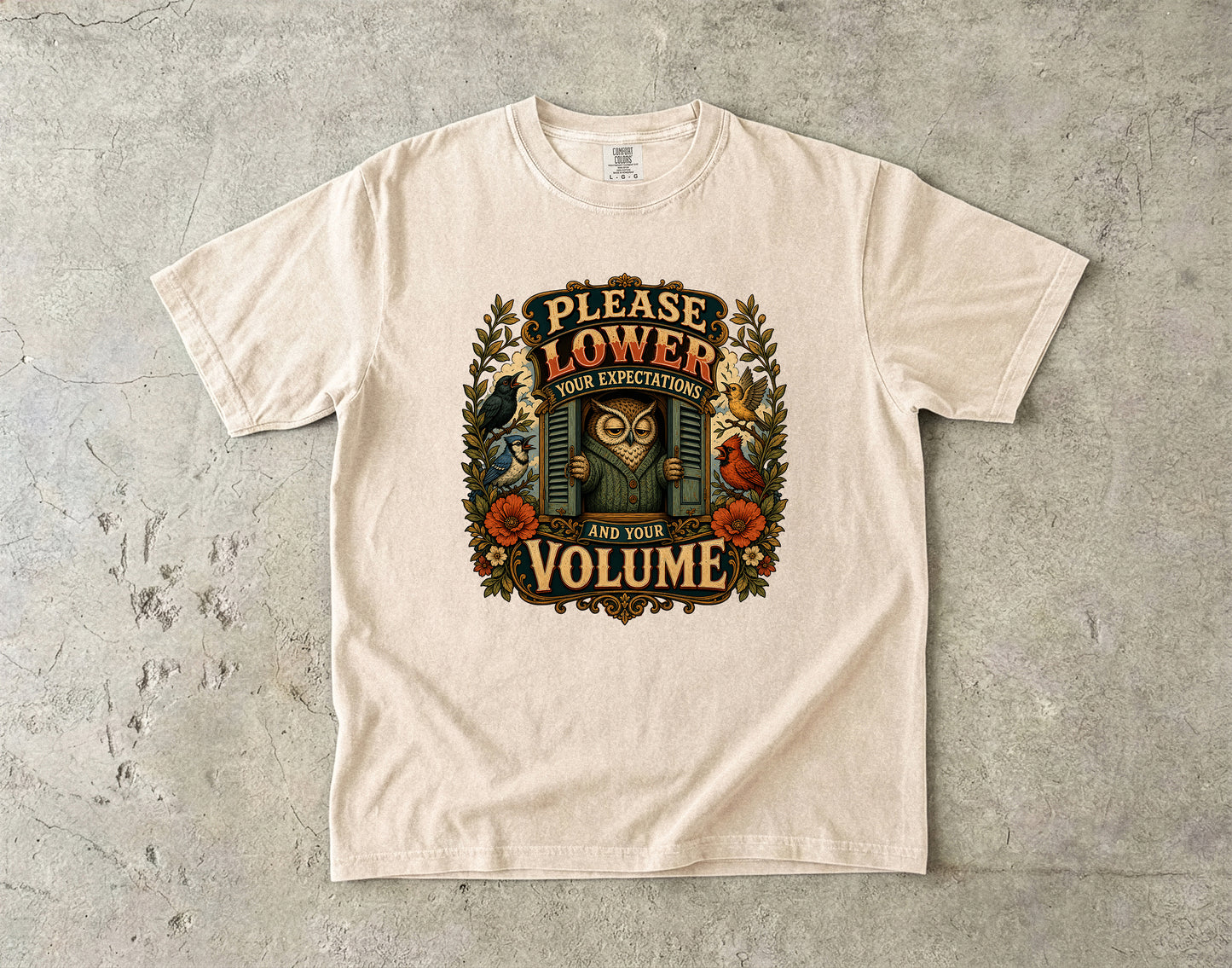 Please Lower Your Expectatons And Your Volume Owl -Comfort Colors T-shirt