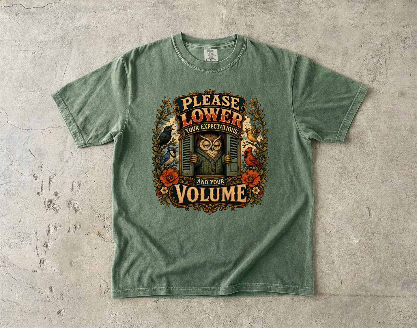 Please Lower Your Expectatons And Your Volume Owl -Comfort Colors T-shirt